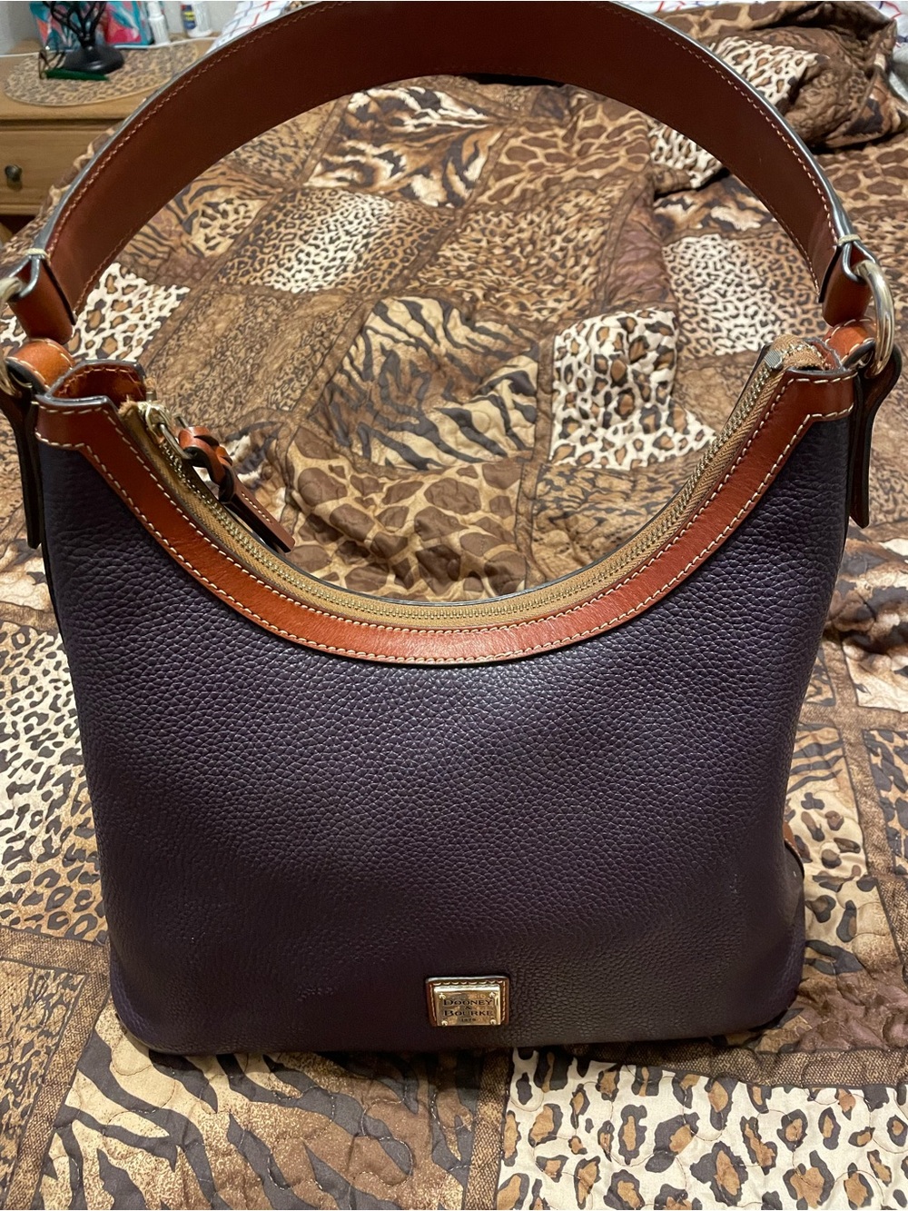 Dooney & Bourke Pebble Leather Hobo in Deep Plum with Tan Trim